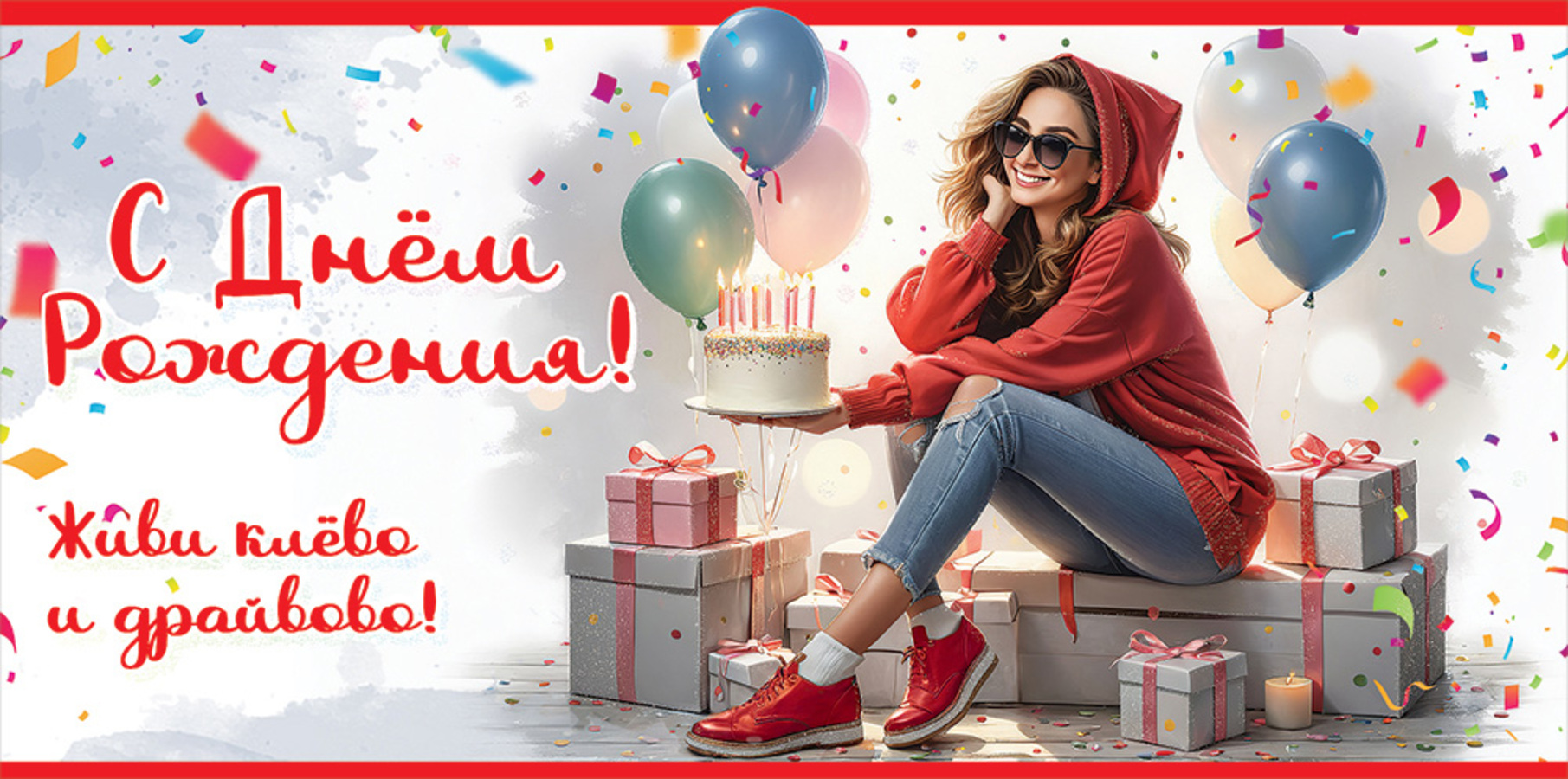 

5.0000335 Конверт для денег Евро С Днем рождения! Живи клево и драйвово! (жен) С текстом Блестки